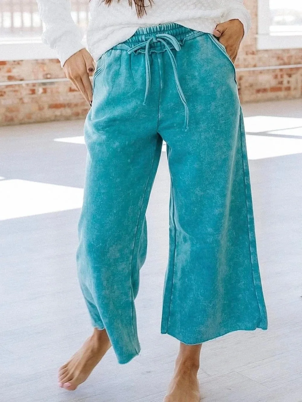 Zenana Acid Wash Hoodie Palazzo Pants Matching Set Teal Medium EUC